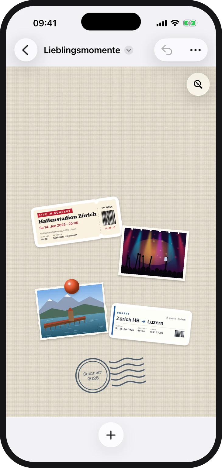 Pinnwand mit Tickets, Fotos, Pin und Poststempel
